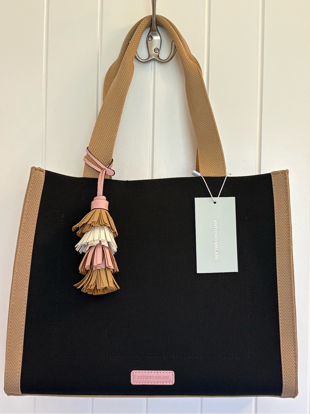 ANTONIO MELANI Black and Beige Tote with Multi-Tassel Accent